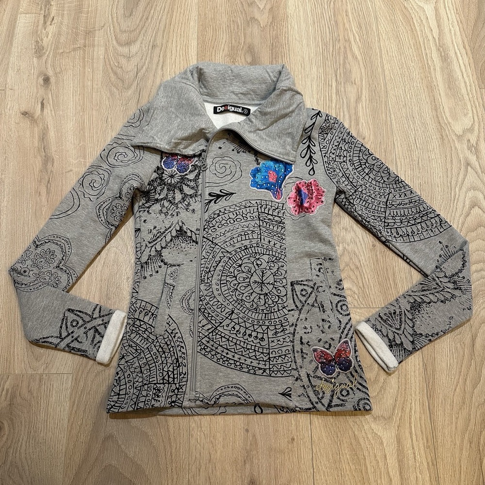 Womens Sweatshirt Full Zip Desigual Size S Rhinestone Butterfly All Over Print